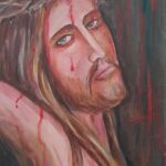 Chrystus w koronie cierniowej – akryl na desce 30 × 19,5 cm