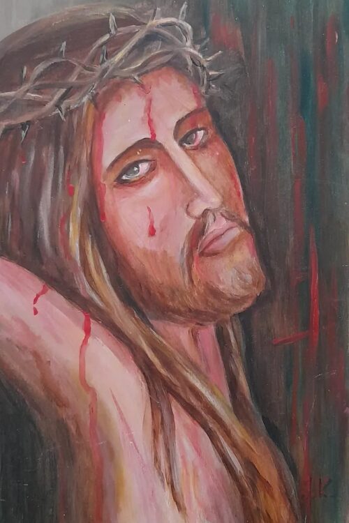 Obraz Jezus w koronie cierniowej 30 × 19,5 cm, akryl na desce, Jadwiga Kondracka