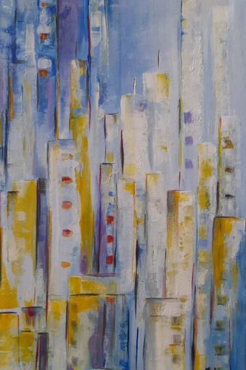 Obraz nowoczesny abstrakcja architektura 30 × 40 cm, akryl, błękit i żółć, Jadwiga Kondracka