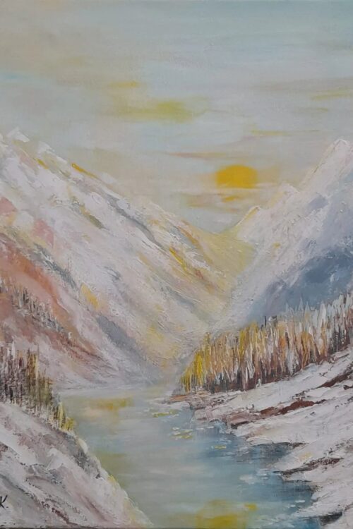 Obraz pejzaż górski 30 × 40 cm, akryl na podobraziu, świt w górach, autor Jadwiga Kondracka