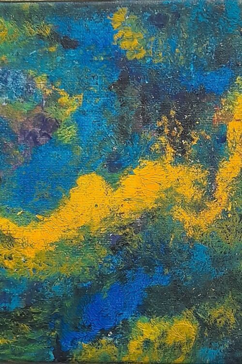 Obraz abstrakcyjny 20 × 20 cm, akryl na podobraziu, błękit, zieleń i żółć, autor Jadwiga Kondracka