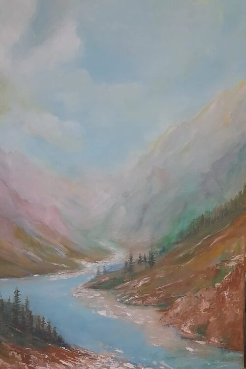 Pejzaż górski z rzeką – obraz akrylowy na płótnie 30 × 40 cm autorstwa Jadwigi Kondrackiej.