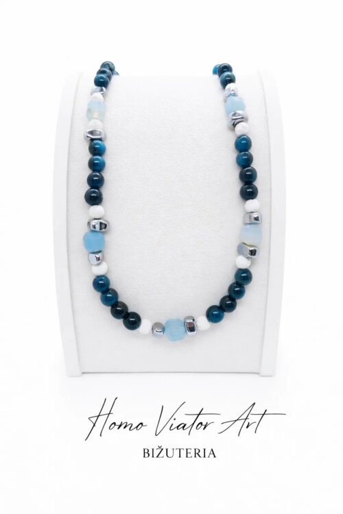 Naszyjnik z agatu, apatytu i lawy wulkanicznej z hematytem – biżuteria z naturalnych kamieni w odcieniach błękitu i granatu, stal chirurgiczna.
