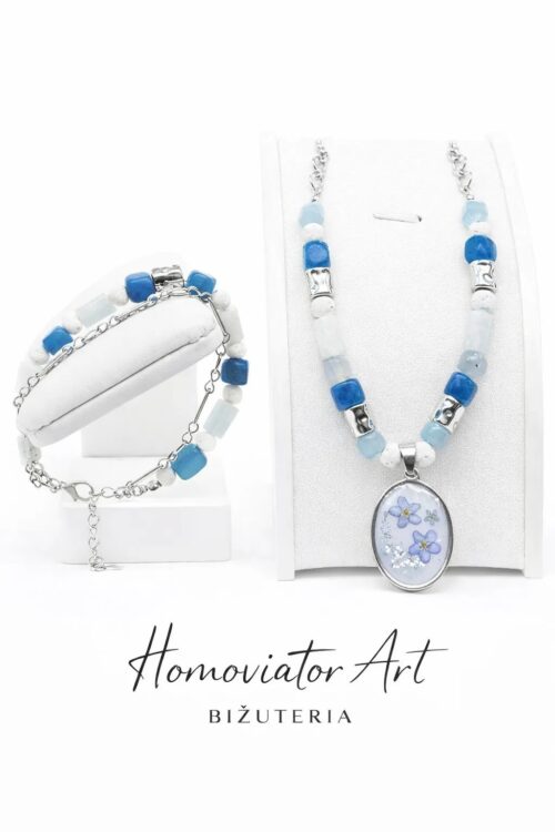 komplet biżuterii z niezapominajkami naszyjnik i bransoletka kamienie naturalne Homo Viator Art
