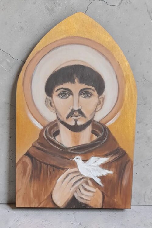 ręcznie malowany obraz św Franciszka z Asyżu akryl na desce złote tło