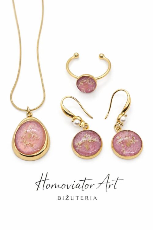 komplet biżuterii z dziką marchwią w żywicy naszyjnik kolczyki pierścionek Homo Viator Art