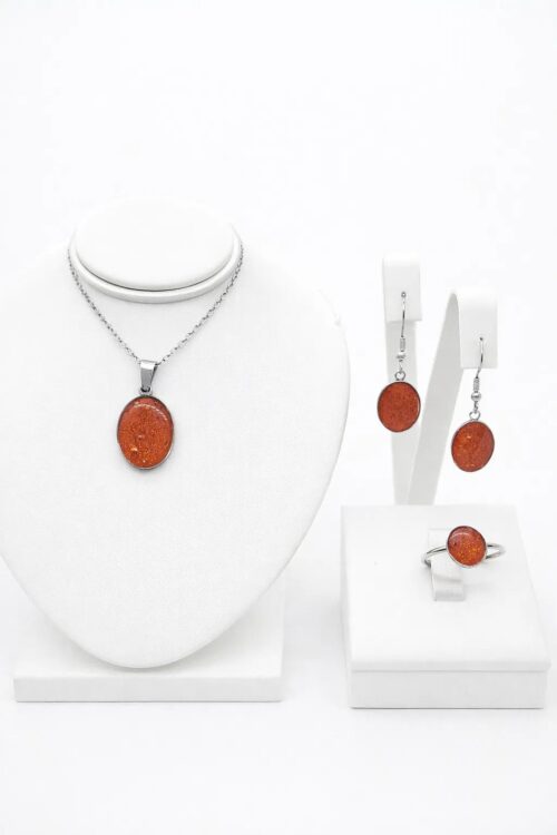 komplet biżuterii bursztynowy z żywicy naszyjnik kolczyki pierścionek stal chirurgiczna outlet