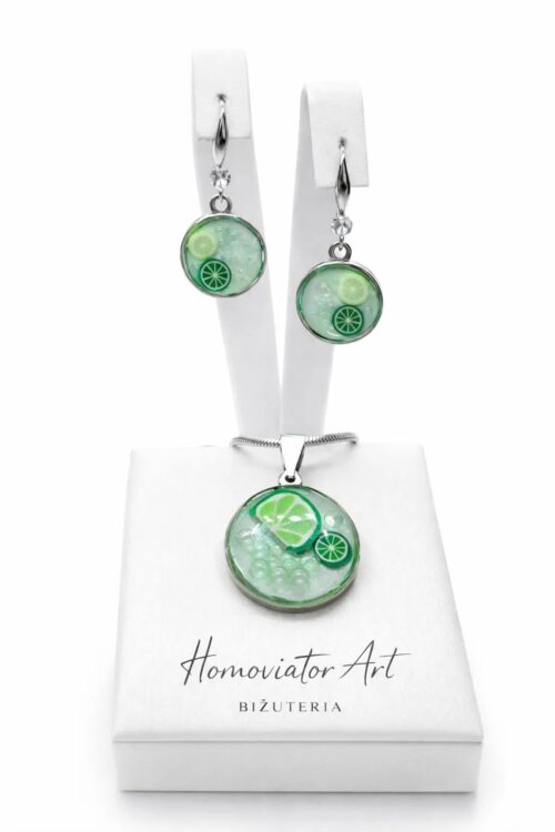 komplet biżuterii zielony z żywicy limonka naszyjnik kolczyki stal chirurgiczna