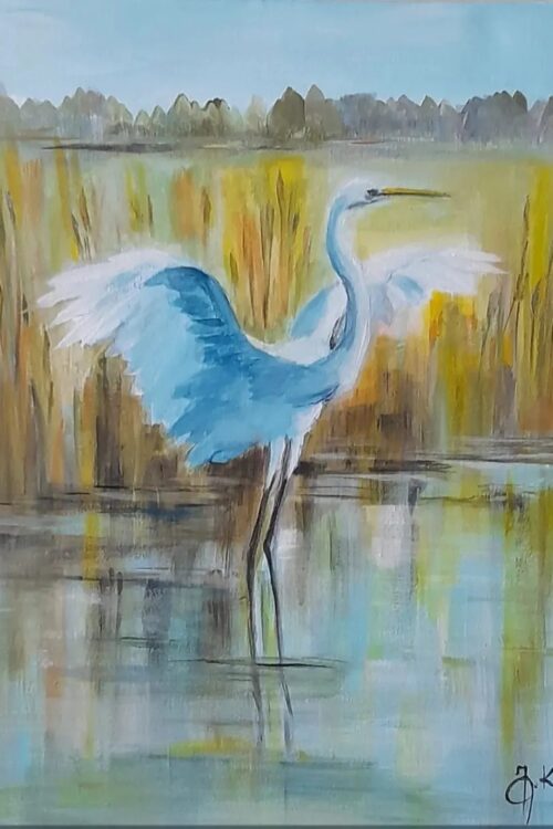 obraz żuraw trzcinowisko pejzaż akryl na płótnie 30x40