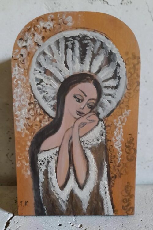 obraz anioł na desce akryl złoto beż 15x24