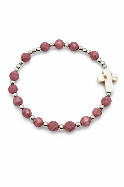 różaniec bransoletka rodonit różowy fasetowany turkus biały krzyżyk