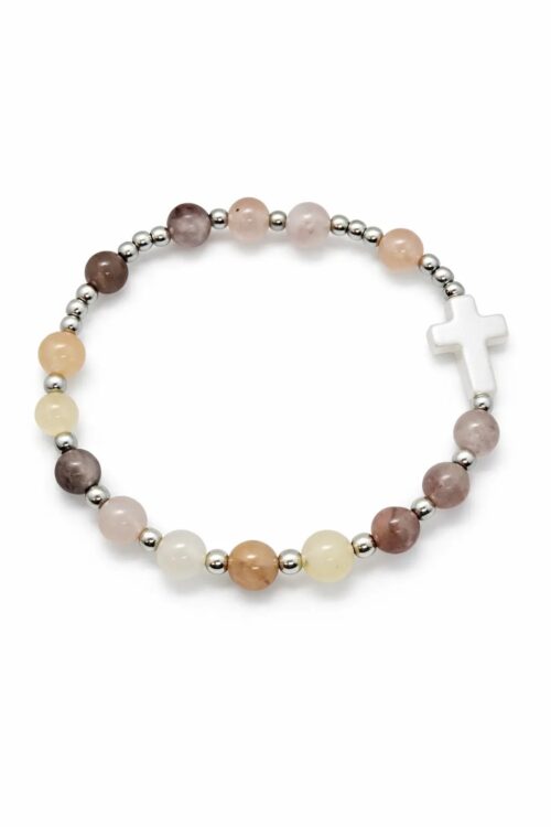 różaniec bransoletka kwarc pastelowy krzyżyk biały stal chirurgiczna