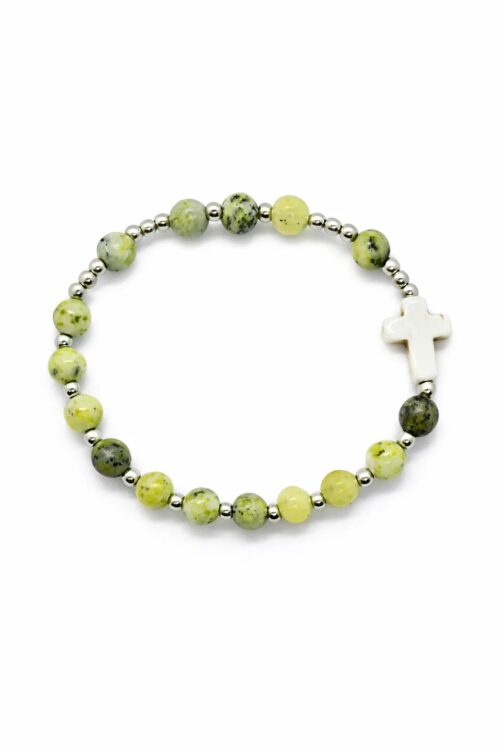 różaniec bransoletka jaspis żółty turkus biały krzyżyk stal chirurgiczna