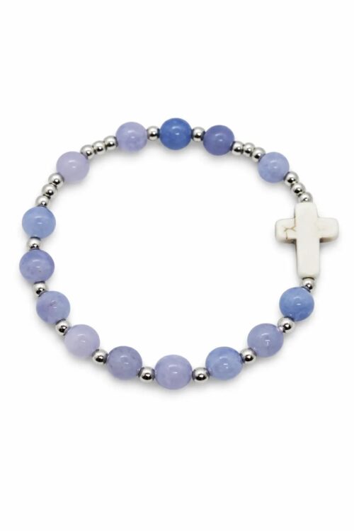 różaniec bransoletka chalcedon niebieski lawendowy krzyżyk turkusowy stal