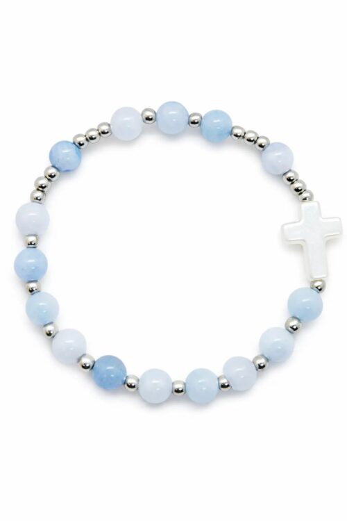 różaniec bransoletka akwamaryn niebieski krzyżyk akrylowy stal chirurgiczna