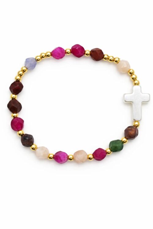 różaniec bransoletka turmalin kolorowy fasetowany krzyżyk stal chirurgiczna