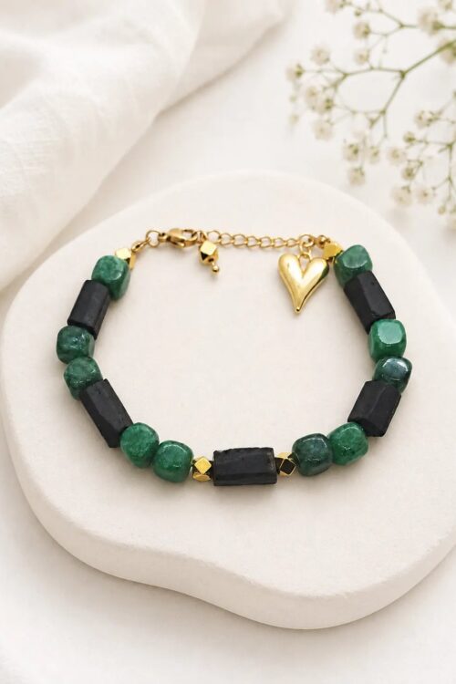 Bransoletka z czarnym turmalinem i zielonym chalcedonem | 15-17,5 cm. + GRATIS